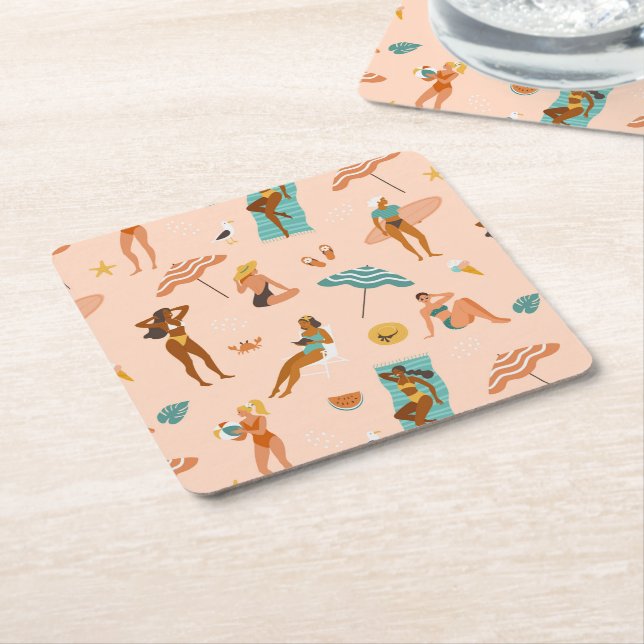 Beach Sunbathers Pattern Square Paper Coaster (Angled)