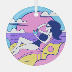 Beach Sunbathing Girl Cocktail Illustration. Glass Tree Decoration