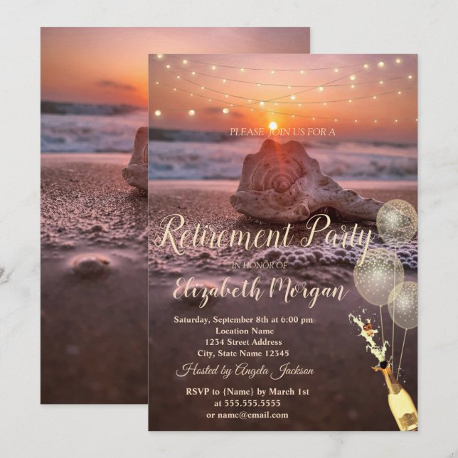 Beach Sunet Seashell Balloons,Wine Retirement  Invitation (Front/Back)