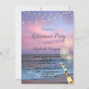 Beach Sunrise Balloons Wine Retirement Party Invitation