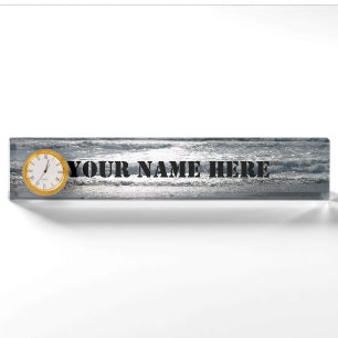 Beach Sunrise Desk Name Plate with a clock