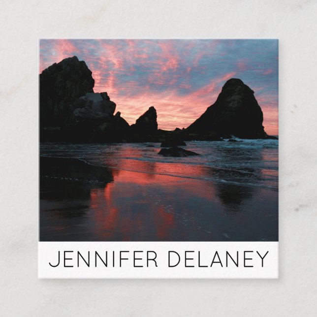 Beach Sunrise Oregon Coast Nature Photo Travel Square Business Card (Front)