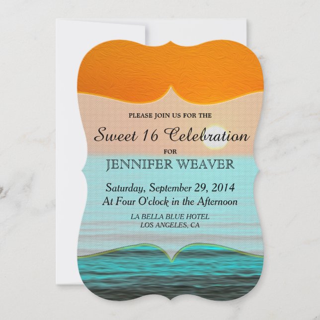 Beach Sunrise Painting in Orange Sky & Teal Water Invitation (Front)