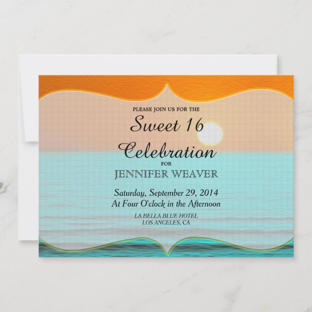 Beach Sunrise Painting in Orange Sky & Teal Water Invitation (Front)