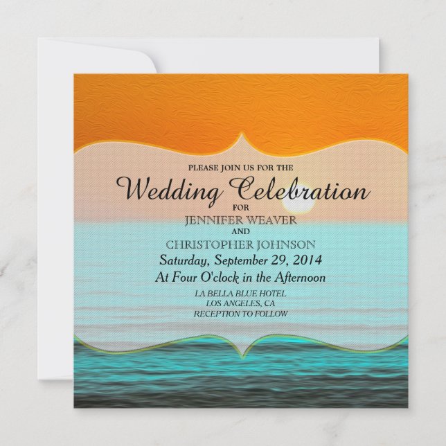 Beach Sunrise Painting in Orange Sky & Teal Water Invitation (Front)
