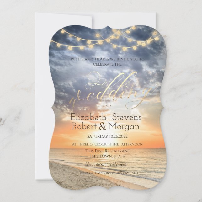 Beach Sunrise String Lights Gold Wedding  Invitation (Front)