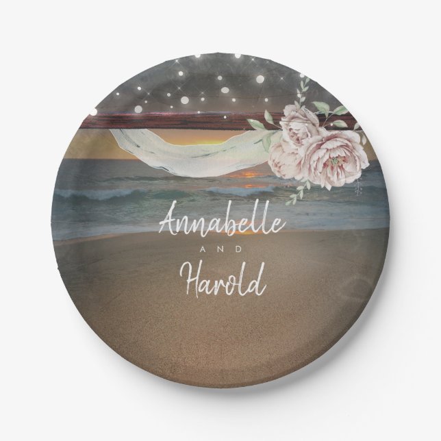 Beach Sunset and String Lights Wedding Paper Plate (Front)