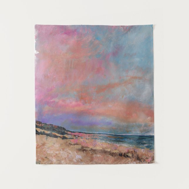 Beach Sunset Bliss Pink Shoreline Painting Tapestry (Front)