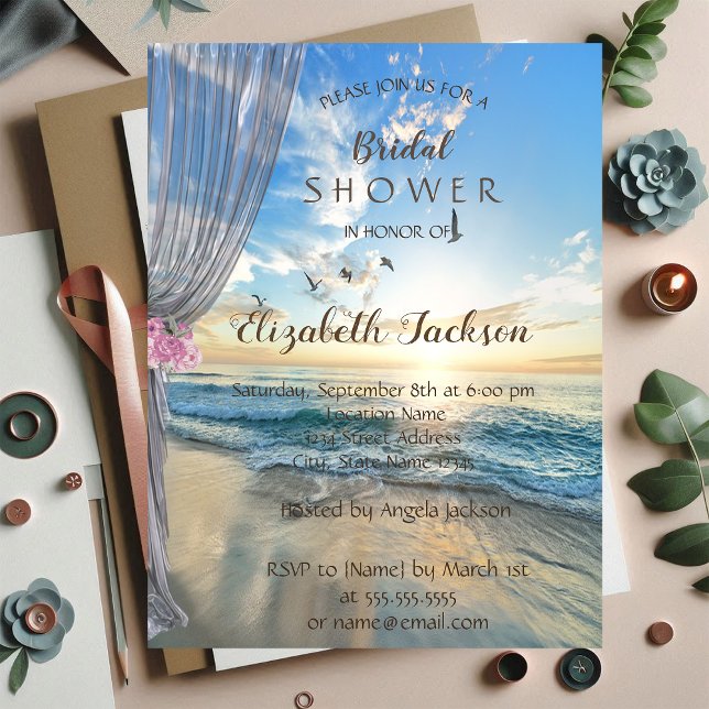 Beach Sunset, Curtain,Flowers  Bridal Shower Invitation (Creator Uploaded)