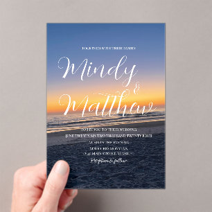 Beach Sunset Down Destination Blue Wedding Acrylic Invitations