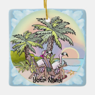 Beach Sunset Flamingo  Ceramic Ornament