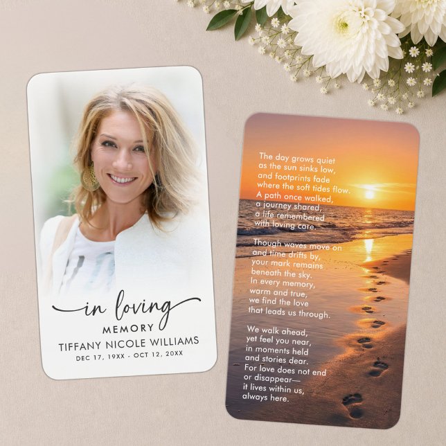 Beach Sunset Footprints Photo Memorial Card (Creator Uploaded)