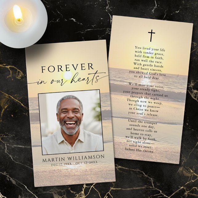 Beach Sunset Forever Hearts Sympathy Prayer Card (Creator Uploaded)