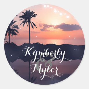 Beach Sunset Light Palms Wedding Classic Round Sticker