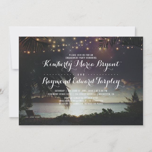 Beach Sunset Lights Tropical Engagement Party Invitation (Front)