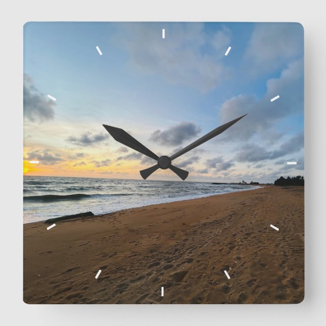 Beach Sunset Ocean Coastal Decor Tropical gift Square Wall Clock (Front)