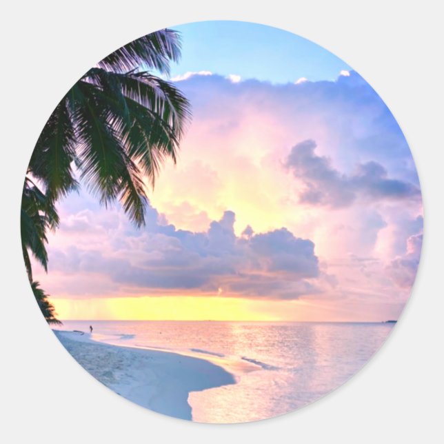 Beach Sunset ocean sand palm tree Maldives Miami Classic Round Sticker (Front)