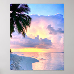 Beach Sunset ocean sand palm tree Maldives Miami Poster