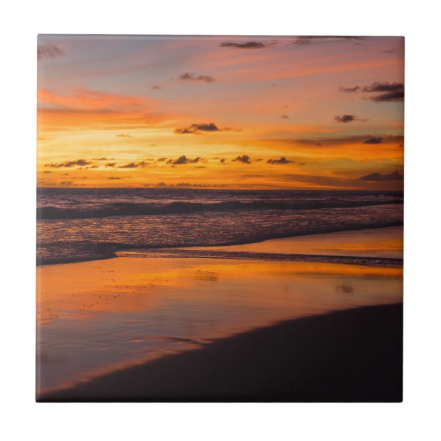 Beach Sunset Ocean View Orange Yellow Tile (Front)