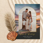 Beach Sunset Painting Seas and Greetings Photo  Foil Holiday Card<br><div class="desc">These beautiful holiday photo cards feature a beach sunset painting in the background and an arch shape photo template. Stylish typography reads, "Seas & Greetings" in real foil, and the arch frame is also foil. The back is a matching dark teal blue but can be customised, if desired. Add photos...</div>