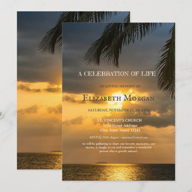 Beach Sunset Palm Celebration Of Life  Invitation (Front/Back)