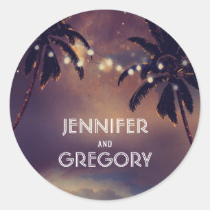 Beach Sunset Palm String Lights Purple Wedding Classic Round Sticker