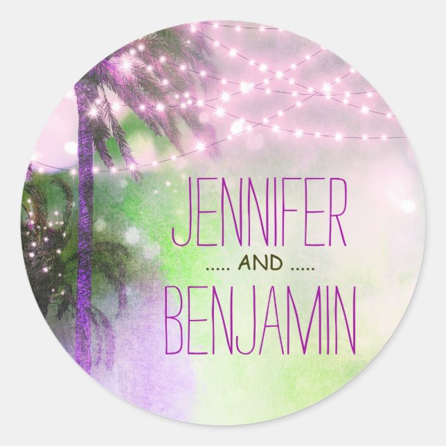 Beach Sunset Palm String Lights Purple Wedding Classic Round Sticker (Front)