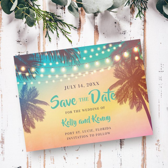 Beach Sunset Palm Trees and Lights Save the Date Postcard (Creator Uploaded)