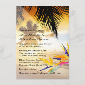 Beach Sunset Palm Trees Bird-of-Paradise Wedding Invitation