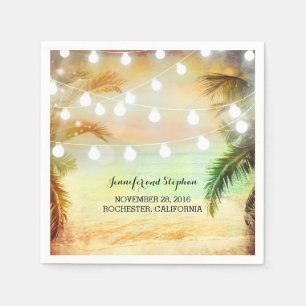 Beach Sunset Palms and String Lights Wedding Napkin