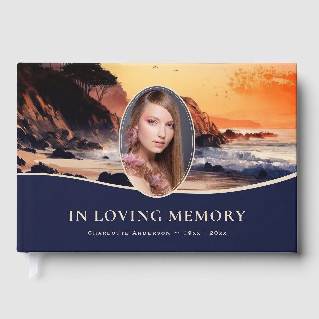 Beach Sunset Photo Funeral Memorial Guest Book (Front)