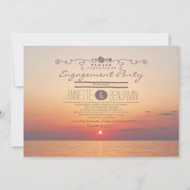 Beach sunset romantic modern engagement party invitation (Front)