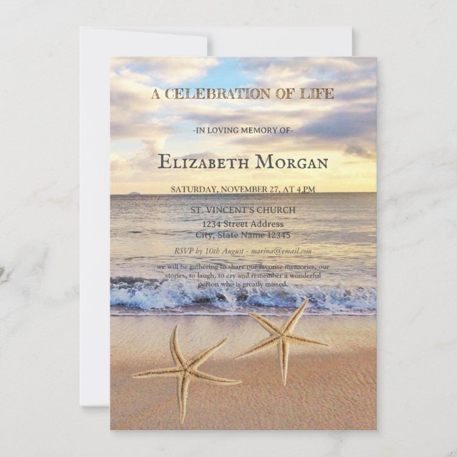 Beach Sunset Sea stars Celebration Of Life  Invitation (Front)