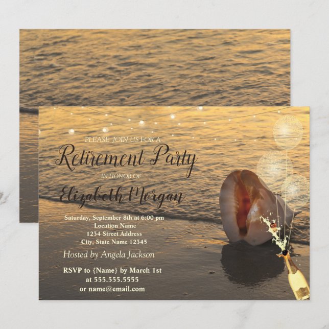 Beach Sunset,Seashell,Balloons,Wine Retirement Invitation (Front/Back)