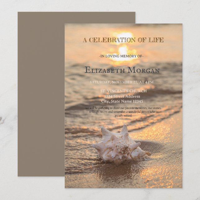 Beach Sunset Seashell Celebration Of Life Invitation (Front/Back)