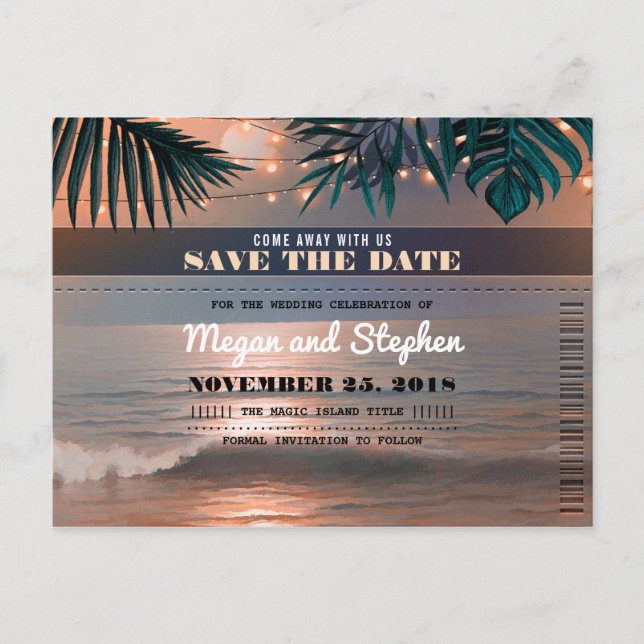 Beach Sunset String Lights Palms Save the Date Announcement Postcard (Front)