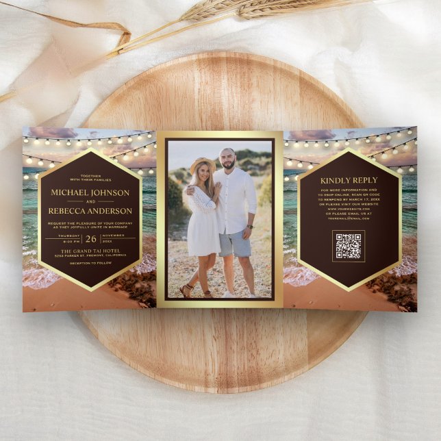 Beach Sunset String Lights Photo QR Code Wedding Tri-Fold Invitation (Creator Uploaded)