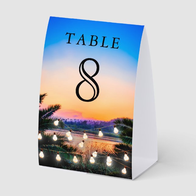 Beach Sunset String Lights Wedding Table Number (Front)