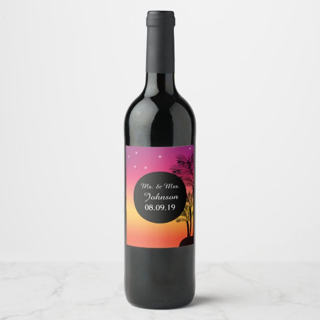 Beach Sunset Tropical Palm Tree Wedding Wine Label (Front)
