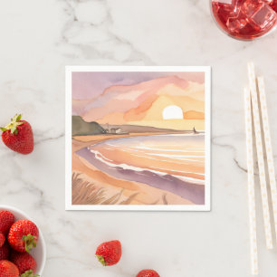 Beach Sunset Watercolor   Beautiful Ocean Painting Napkin