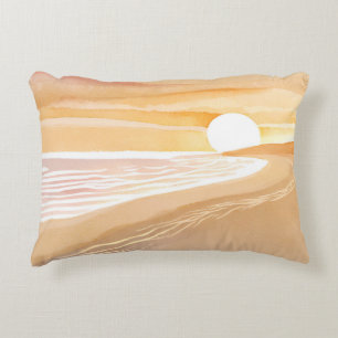 Beach Sunset Watercolor Beautiful Yellow Decorative Cushion