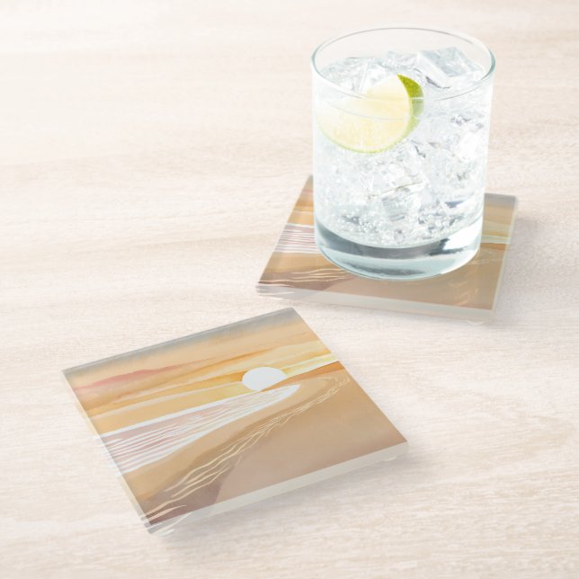 Beach Sunset Watercolor | Beautiful Yellow  Glass Coaster (Angled)