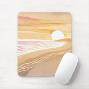 Beach Sunset Watercolor   Beautiful Yellow Ocean Mouse Mat