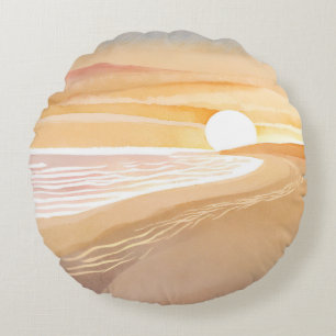 Beach Sunset Watercolor Beautiful Yellow Round Cushion