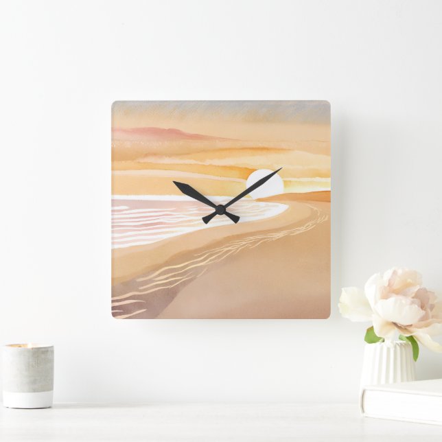 Beach Sunset Watercolor | Beautiful Yellow  Square Wall Clock (Home)