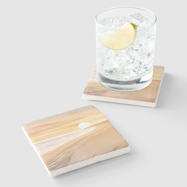 Beach Sunset Watercolor | Beautiful Yellow  Stone Coaster (Side)