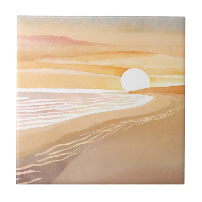 Beach Sunset Watercolor | Beautiful Yellow  Tile (Front)