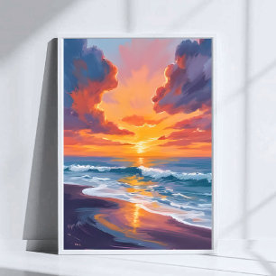 Beach Sunset Watercolor Ocean Painting Art Poster