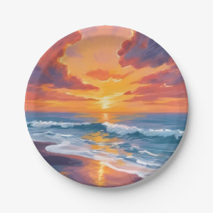 Beach Sunset Watercolor Ocean Painting Paper Plate