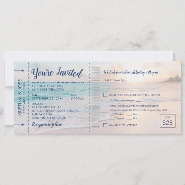 Beach Sunset Wedding Boarding Pass + RSVP  Invitation (Front)